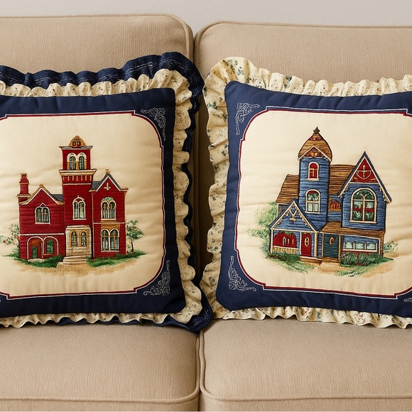 Vintage Victorian House Embroidered Throw Pillows with Lace Trim (Set of 2) - Picture 2 of 9